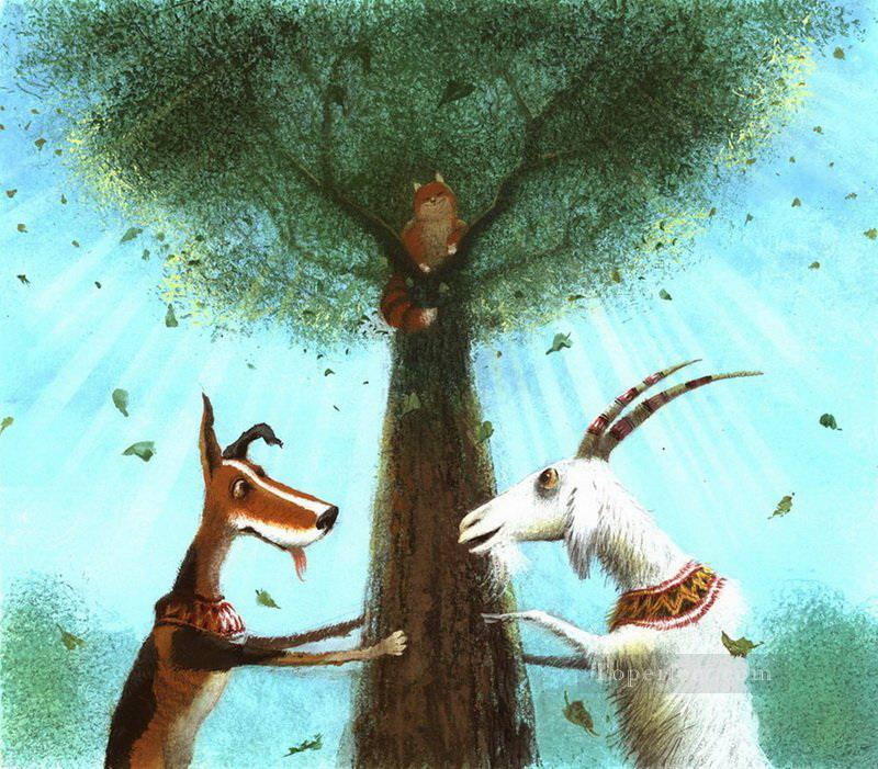 おとぎ話 犬とヤギ 猫を捕まえる ふざけたユーモア ペット油絵